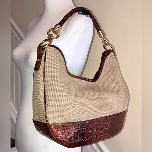 BRAHMIN Canvas and Warm Brown Crocodile Leather Shoulder Bag with Medallion - Picture 5 of 17